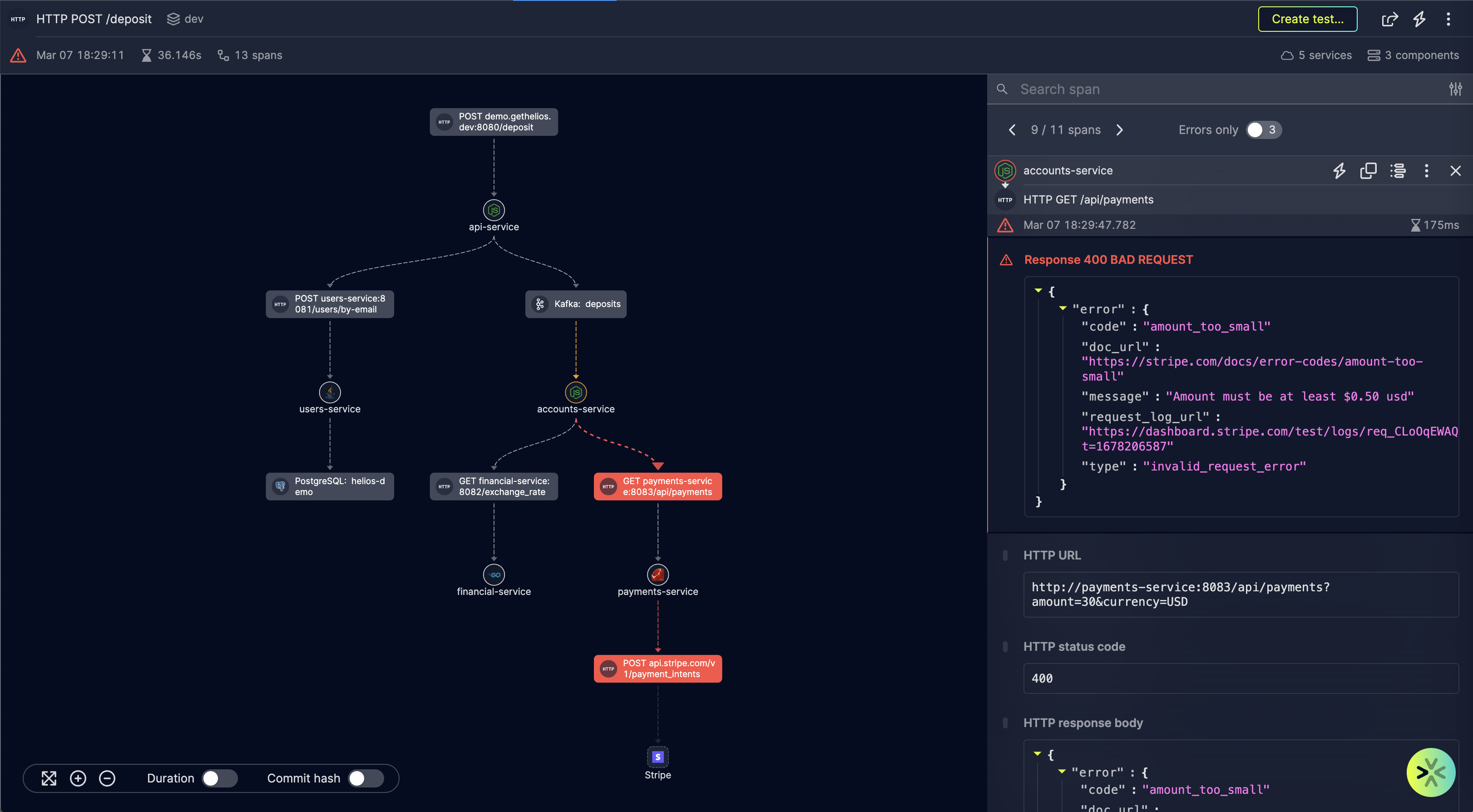 An example for an E2E trace for the POST /deposit application flow in the Helios Sandbox, demonstrating observability also including errors, fast troubleshooting, test generation and collaboration features.